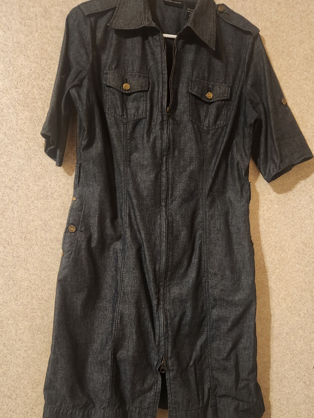 New York & Company Dark Blue Denim Zip-Front Utility Jacket Dress